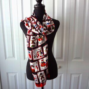 Holiday Scarf with Snowmen Against Black and Sheer Black Fabric